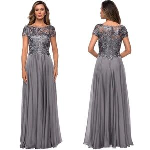 LA FEMME Chiffon Skirt Metallic Lace Evening Dress Gown 27924 Platinum Size 14